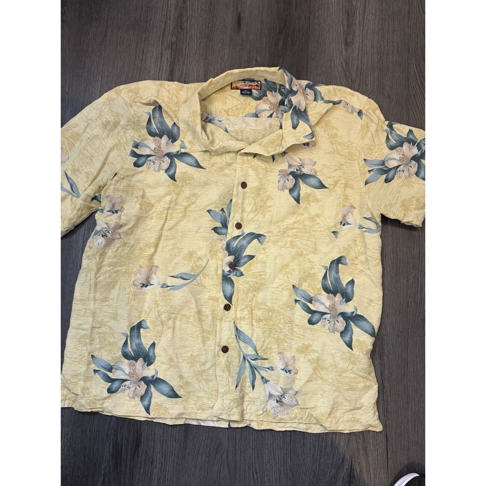 Havana Jacks Cafe 100% Silk Hawaiian Button Up Shirt Mens XL Yellow‎ Floral